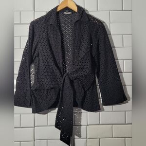 Mischa Ladies Black Eyelet Tie Front Cardigan Long Sleeve Collared Open Front Cl